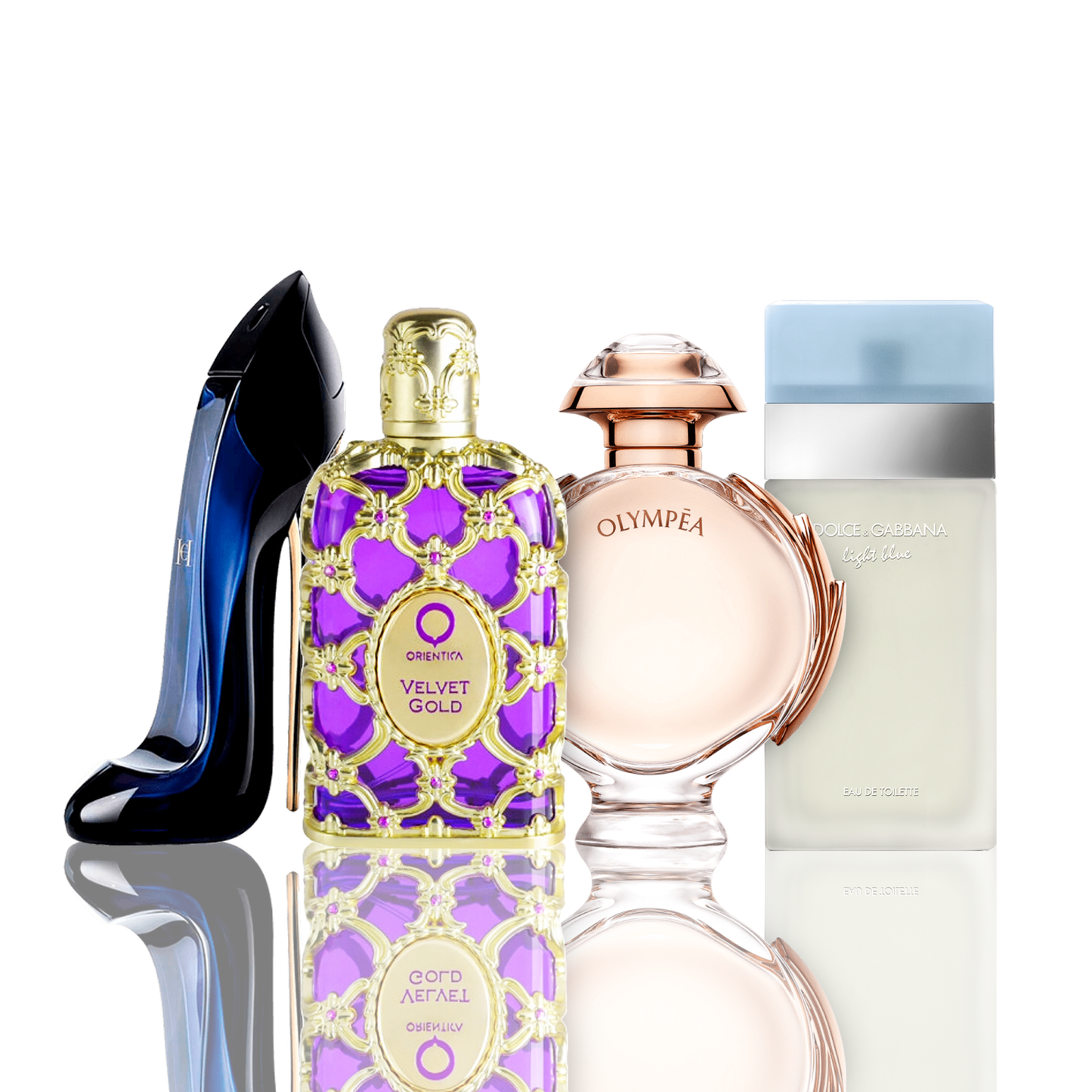 Set di 4 profumi | Light Blue + Orientica Velvet Gold + Good Girl + Olympea 100 ml