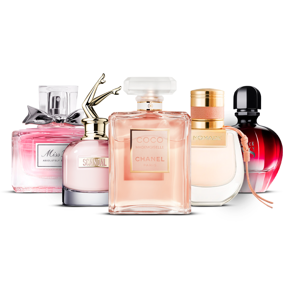 Zestaw 5 perfum damskich – Miss Dior Absolutely Blooming, Scandal, Coco Mademoiselle, Nomade i Black XS [po 100 ml każdy]