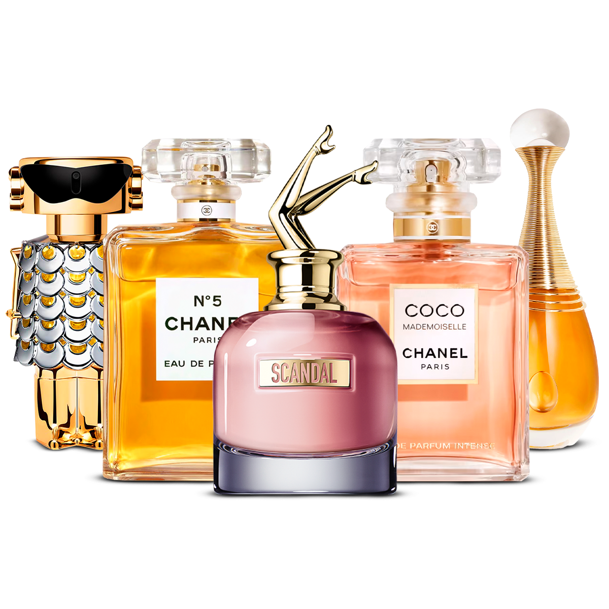 Zestaw 5 perfum damskich – Fame, Chanel Nº5, Scandal, Coco Mademoiselle i J'adore [po 100 ml każdy]