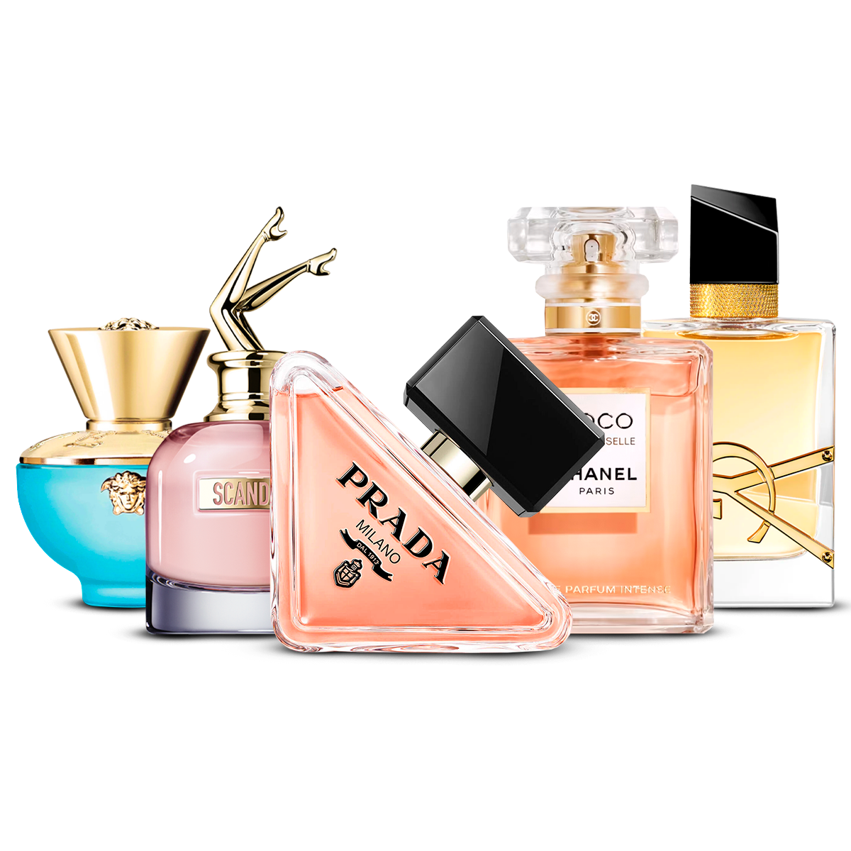 Zestaw 5 perfum damskich – Versace Dylan Turquoise, Scandal, Prada Paradoxe, Coco Mademoiselle i Yves Saint Laurent Libre [po 100 ml każdy]