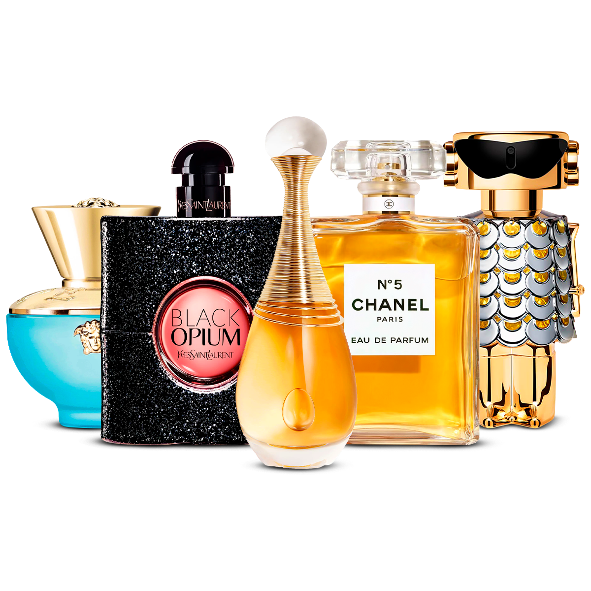 Zestaw 5 perfum damskich – Versace Dylan Turquoise, Black Opium, J'adore, Chanel Nº5 i Fame [po 100 ml każdy]
