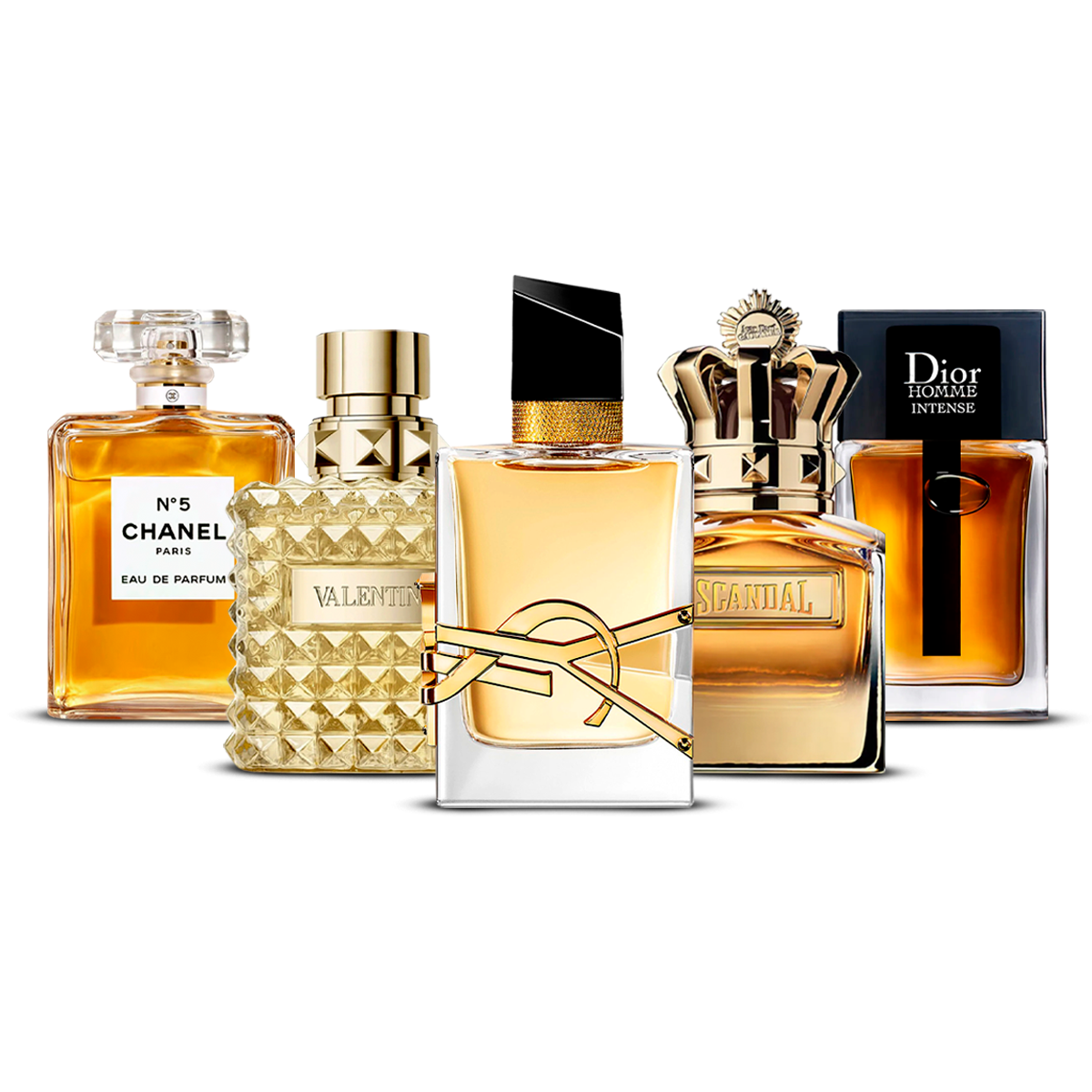 Zestaw 5 perfum – Chanel Nº5, Valentino Uomo, Yves Saint Laurent Libre, Scandal Pour Homme i Dior Homme Intense [po 100 ml każdy]